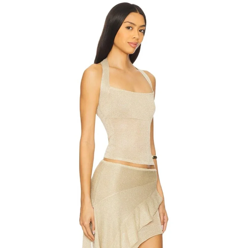 LIONESS Palisades Halter in Oyster XLarge New Womens Knit Gold Top